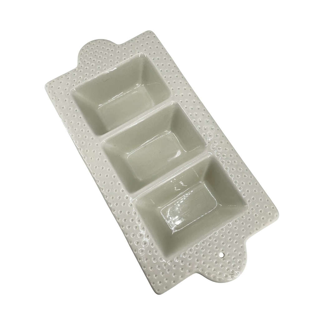 Nora‎ Fleming Pearl 3-Section Server Ceramic Divided Platter Cream White Dots